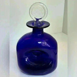 Hand blown cobalt  glass pinch decanter with clear glass stopper